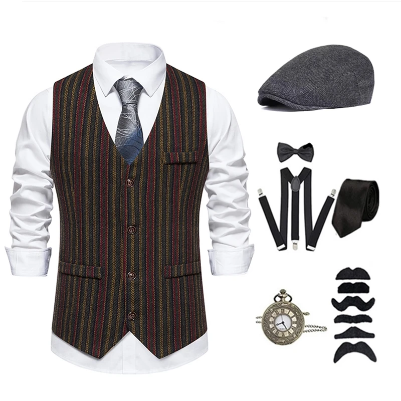 Autumn retro gatsby 1920s Karneval Herren Herren Weste Anzug Party Knopf Set Zubehör Hut riemen