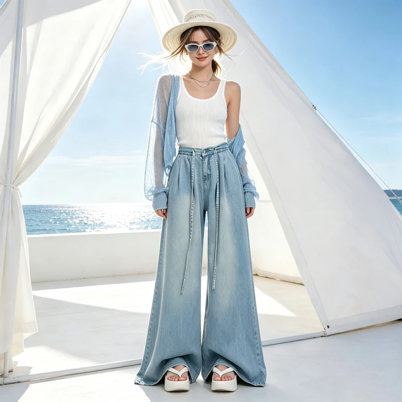 Summer 2026 Women's Light Lyocell Wide Leg Jeans Drawstring High Waist Draped Loose Fit Denim Pants for American Beach Style