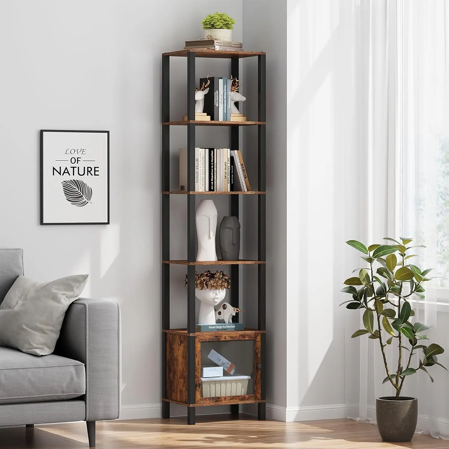 

6-Tier Narrow Bookcase with Door for Small Spaces, Brown - Ideal for Living Room, Office, Study