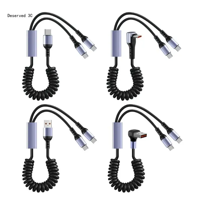 Doppeltes USB-C-Autoladekabel mit Datenübertragung, erweiterbarem Federmechanismus, USB-C-Kabel, Stromkabel