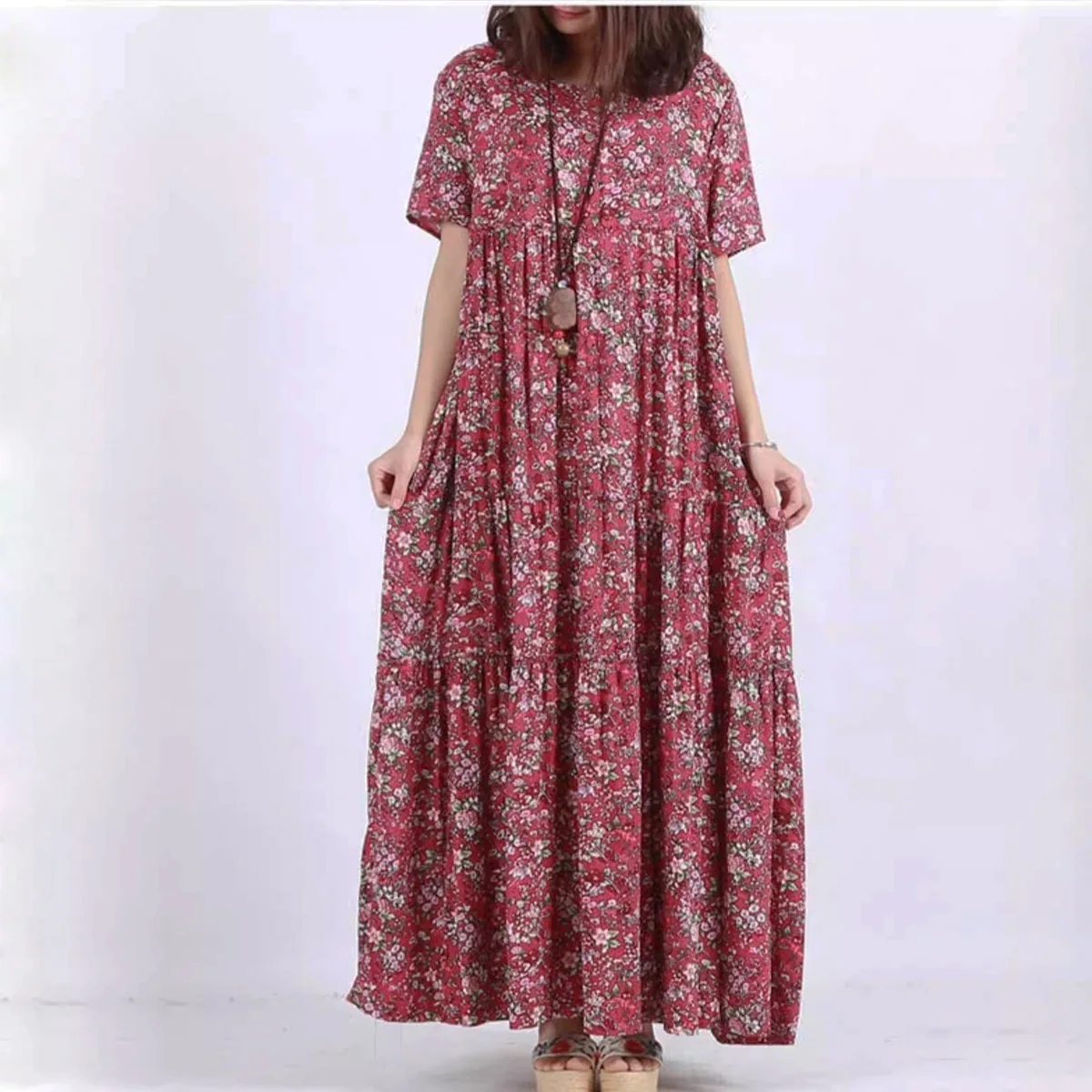 

Женские богемные платья с цветочным принтом и короткими рукавами из хлопка и льна с высокой талией в стиле пэчворк, пышная юбка, свободное винтажное длинное платье макси, летнее