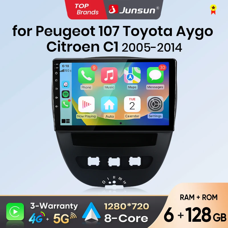 Autoradio Android Auto Junsun pour Peugeot 107 Toyota Aygo Citroen C1 2005-2014, multimédia sans fil, Apple CarPlay, systèmes intelligents, écran tactile IPS, lecteur vidéo stéréo, 2 Din, autoradio, navigation, BT, GPS, 4G, WIFI, FM, AM, DSP, RDS, SWC