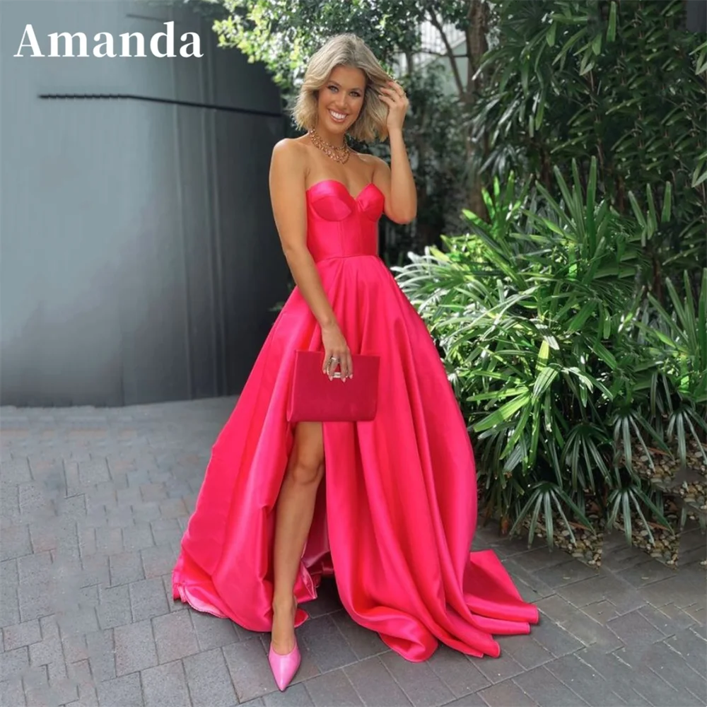 

Amanda Sexy Strapless Gown Sweetheart Fuchsia Prom Dress 2023 Sleeveless Silk Party Dress Side High Split فساتين مناسبة رسمية