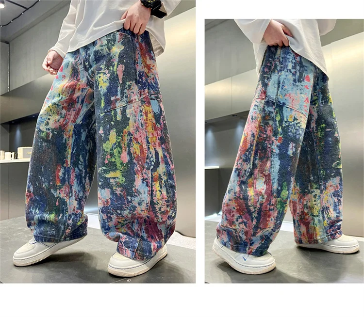 Street-Style Kinder Baggy Jeans mit Malerei für Jungen, Modische Hip-Hop Bedruckte Öl-Denim-Hosen, Teenager Kinder Streetwear Jeans Hosen – Detail 6