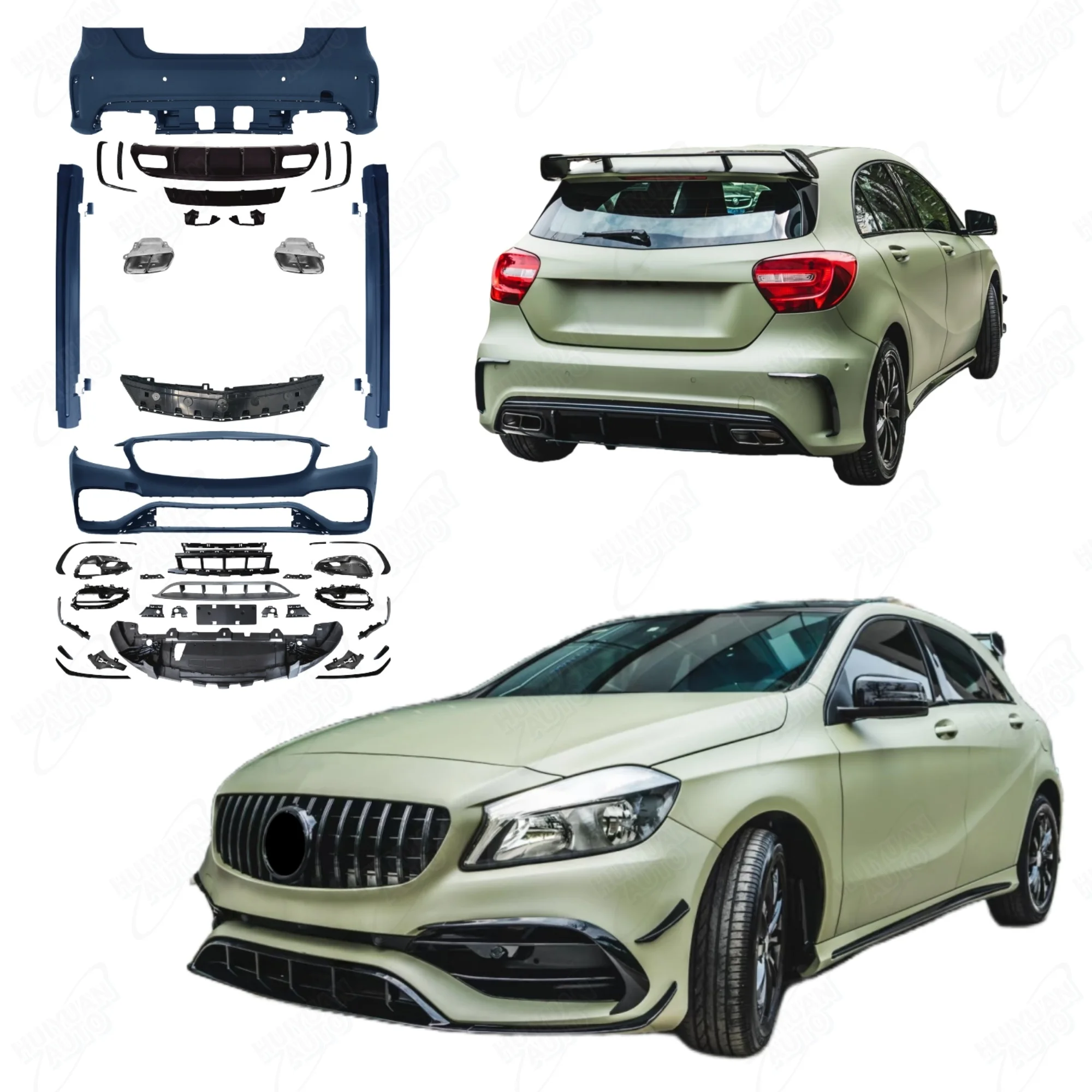 

New Arrival Modify Car Bumpers with Grille Side Skirt for a Class W176 2013-2018 Upgrade to 2018 45 Style Body Kit