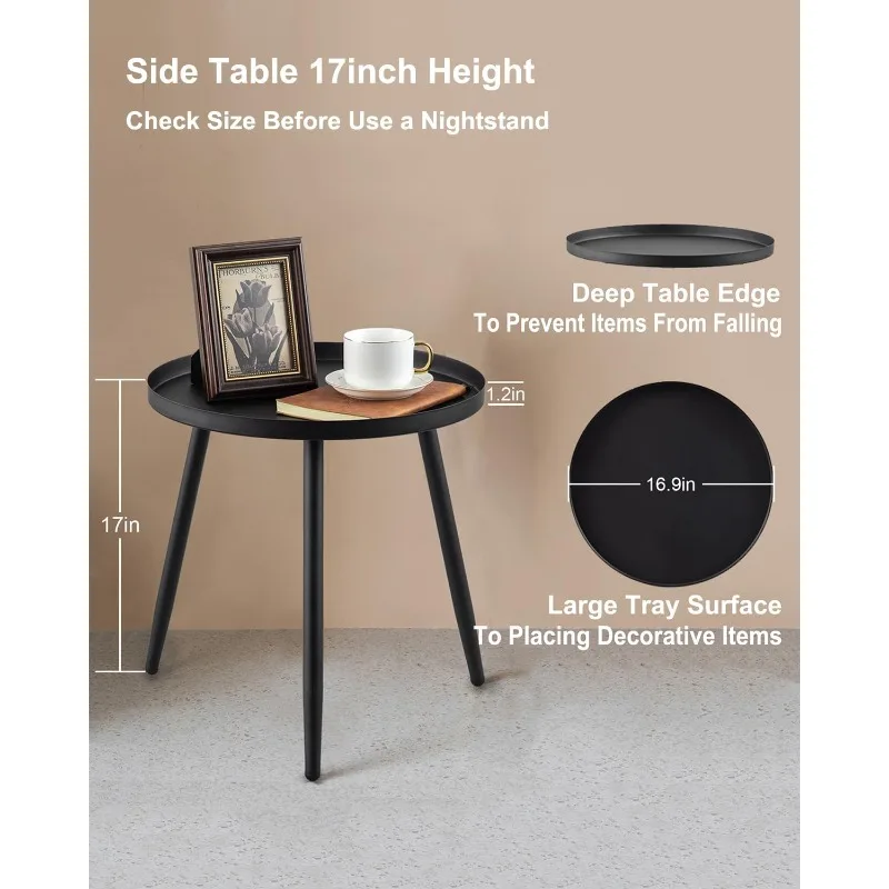 End Table,Accent Table Ideal for Any Room-Side Table Living Room, Side Table Waterproof Metal Structure Great ,Matte Black