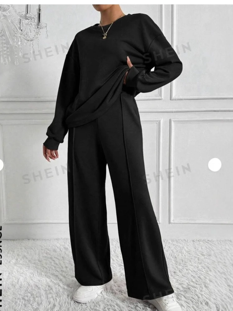 

Весенний новый однотонный женский свитшот с круглым вырезом и длинными рукавами, модный повседневный комплект в стиле Харадзюку, женский костюм из двух предметов