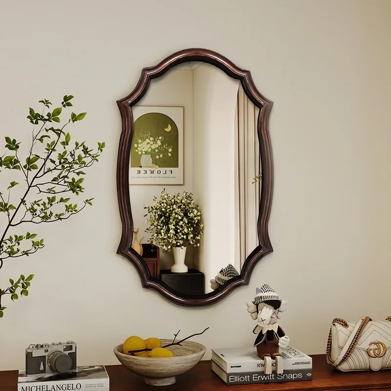 Solid wood frame large cosmetic mirror hotel bathroom wedding hall homestay antique black decorative half-body mirror advanced s