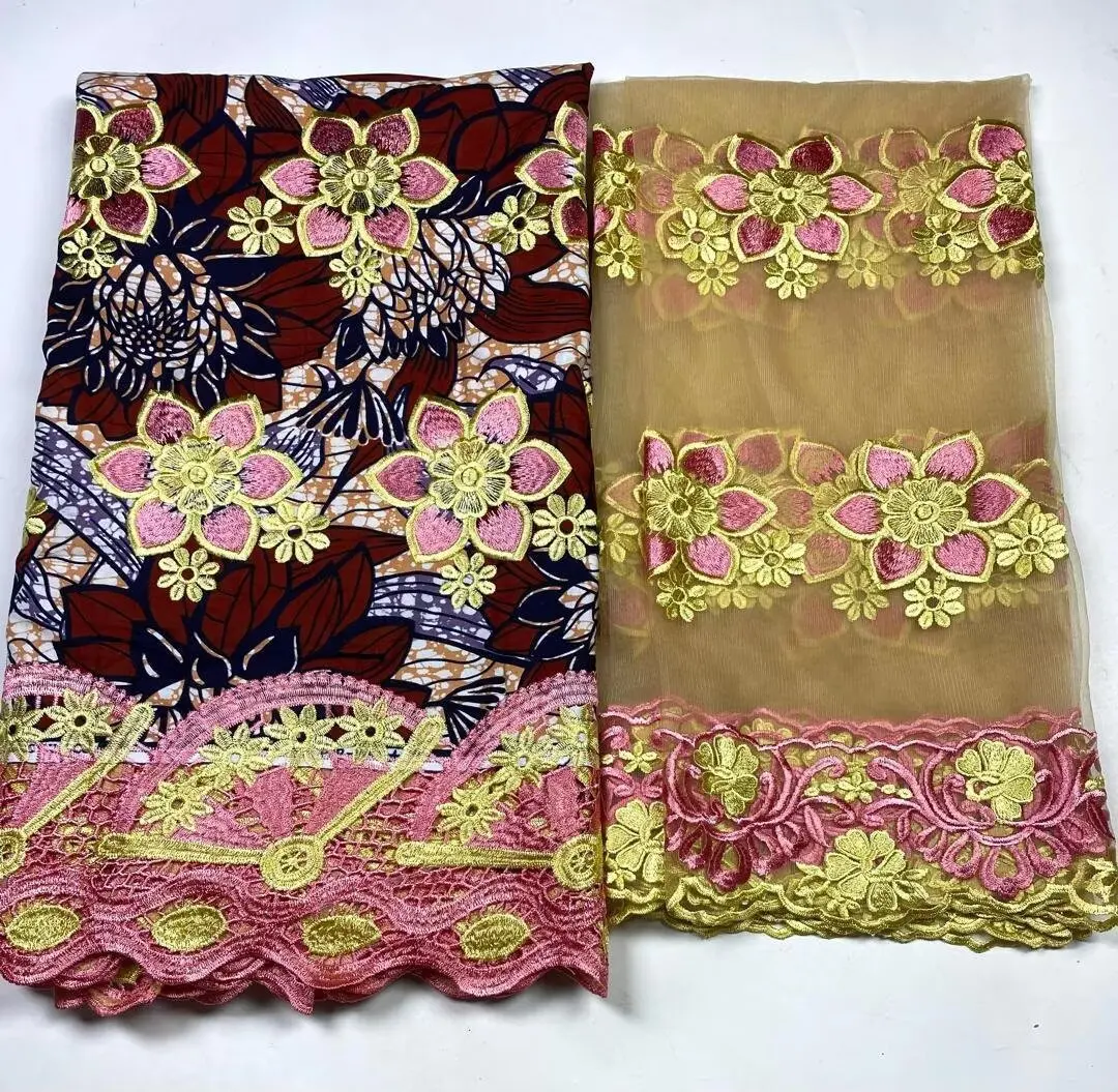 2025 Nigerian 5y Lace Wax+2 yards Print African Fabrics High Quality for Patchwork New Style Fabric for Clothing Home Decor 3C11