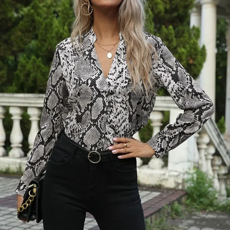 Print Long Sleeve Women Shirt Spring and Autumn Fashion V-neck Blouse Tops Vintage Shirts Snake Women Clothing Blusa Mujer 22096