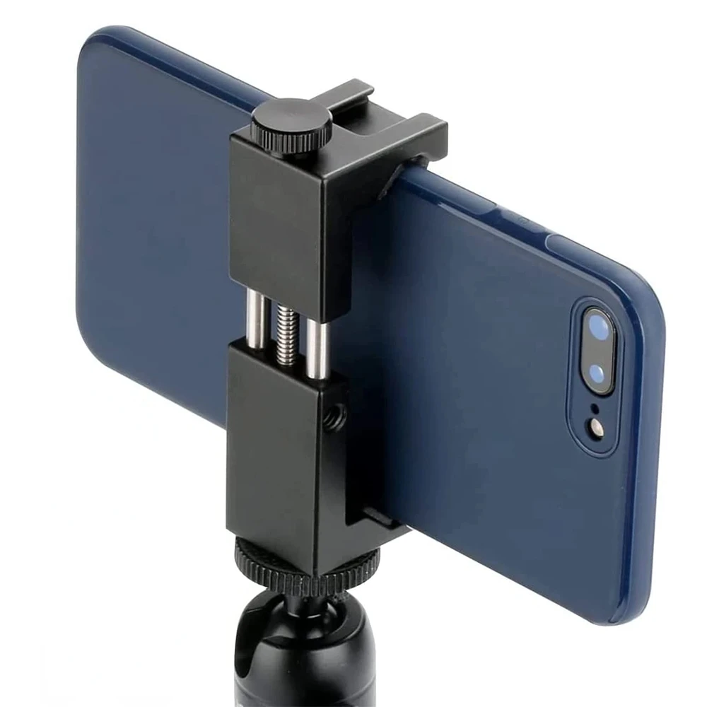 Universal Aluminum Phone Tripod Mount w Cold Shoe Mount, Support Vertical and Horizontal, Adjustable Clamp for iPhone 12 11 Pro