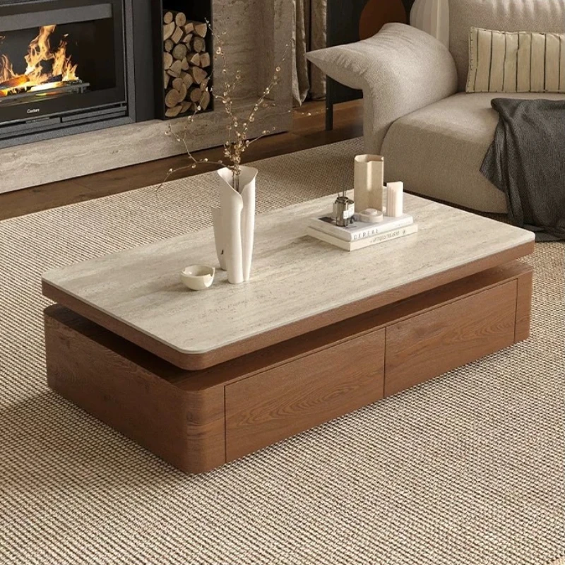 

Modern travertine rock slab rectangular coffee table with lamp storage simple solid wood edge side tables living room furniture