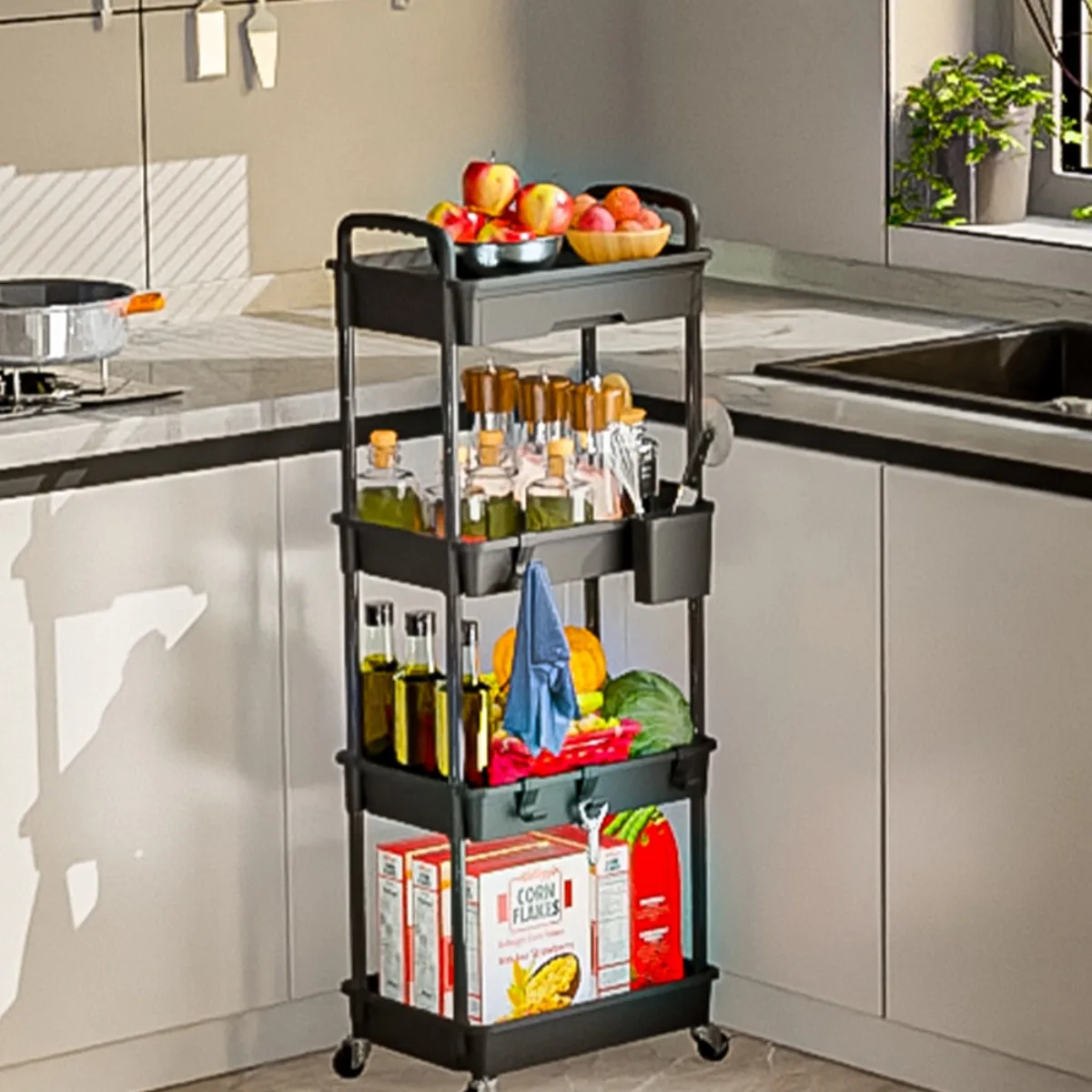 Tier Rolling Utility Cart with Drawer, Utility Cart Made of Multifunctional Storage Organizer Tool for Kitchen, Bathroom