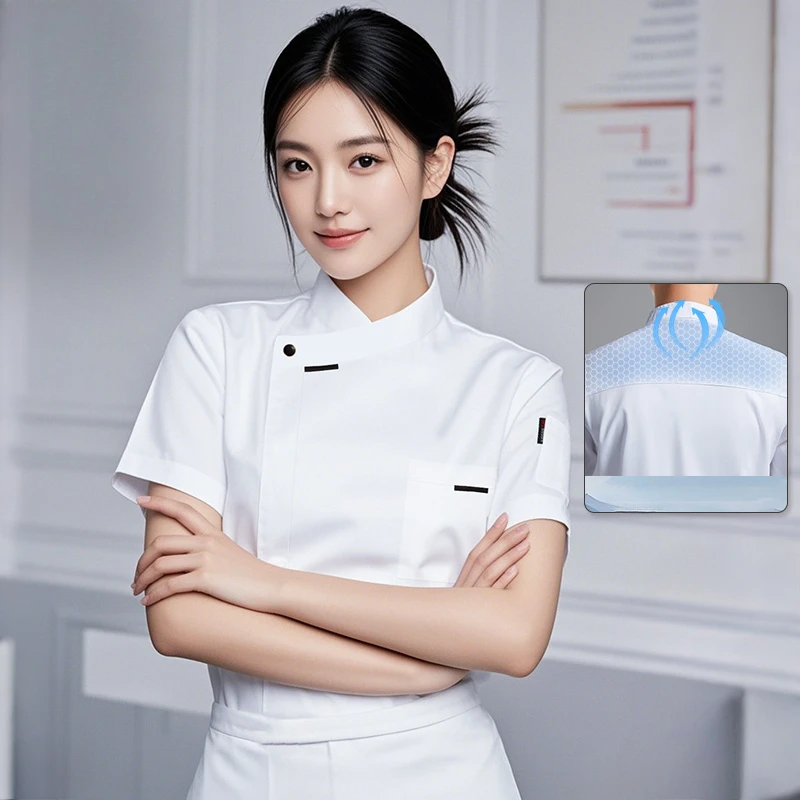 Chaqueta de Chef elegante para mujer, ropa de cocina de manga corta, uniforme de cocinero de verano, camisa transpirable