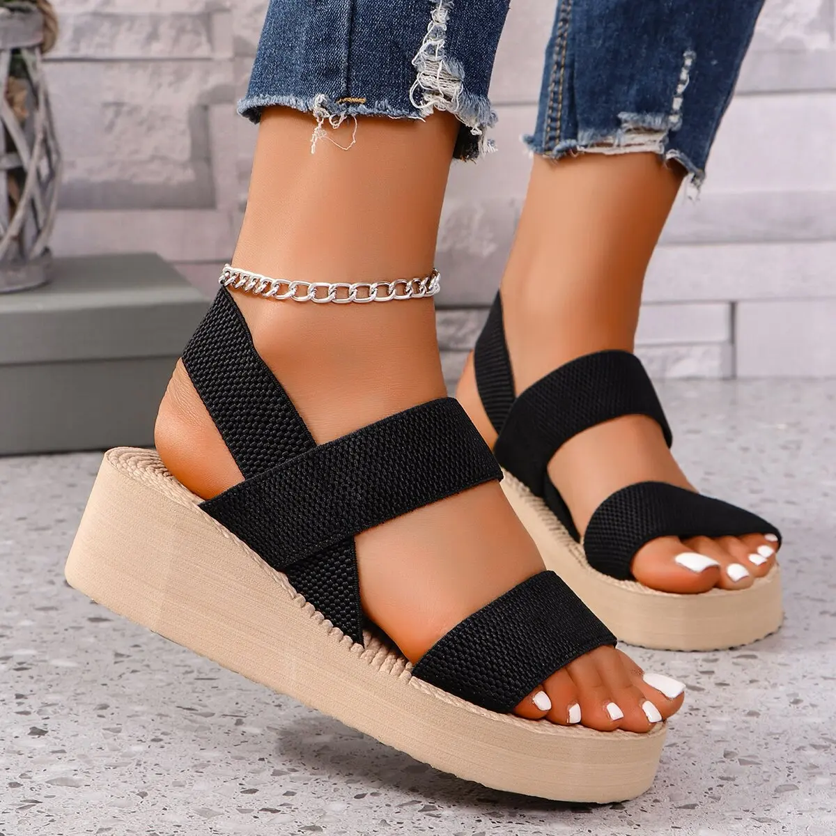 Women's summer woven elastic band thick soled wedge sandals casual shoes