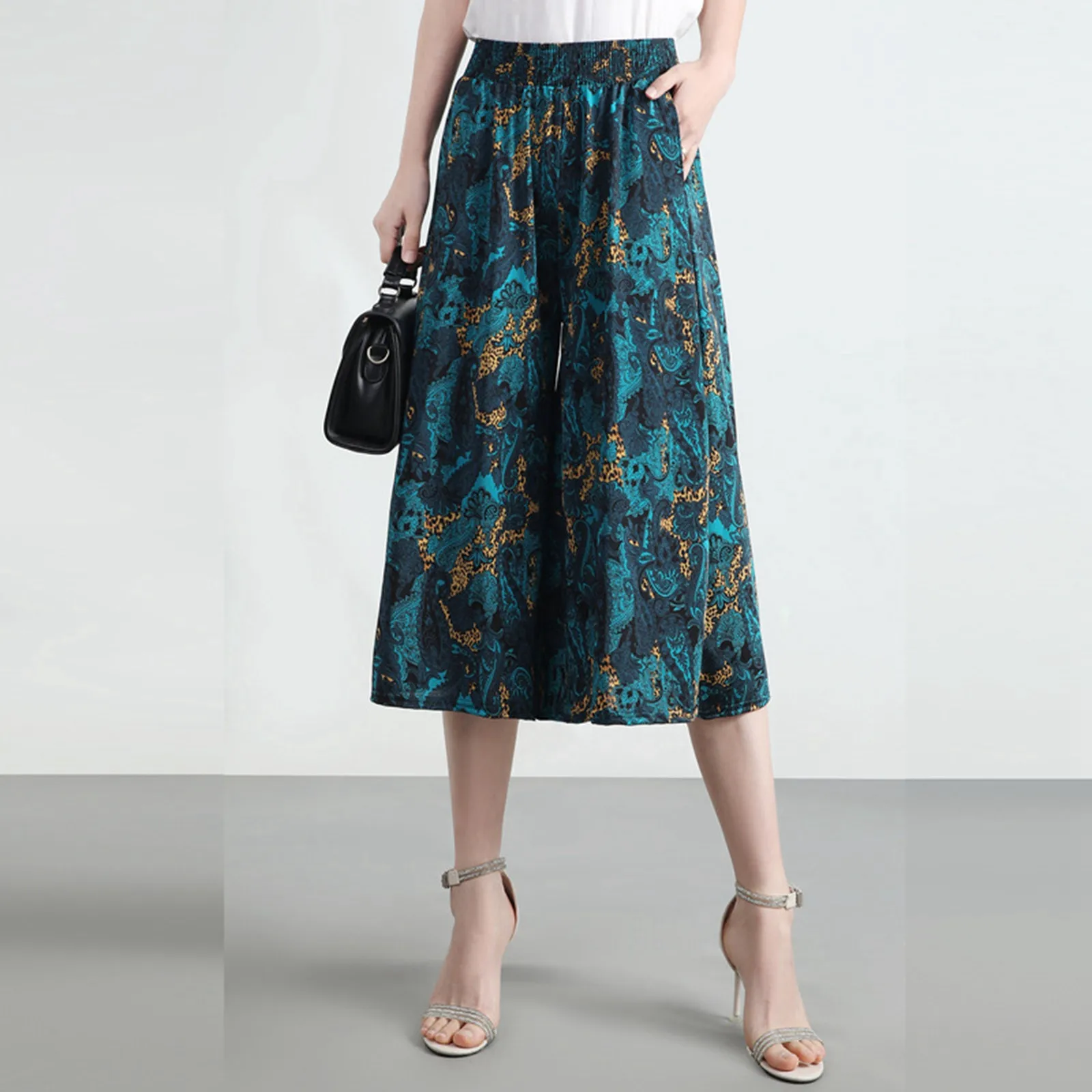 Women\'s High Elastic Waist Pleated Chiffon Wide Leg Culottes Middle Aged Women\'s High Waisted Trousers Loose Casual Wide Pants
