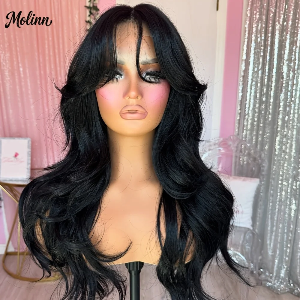Black Wig With Bangs Natural Wave Lace Front Wigs 13x4 HD Synthetic And Blend Heat Resistant Pre Plucked Party Cosplay For Women