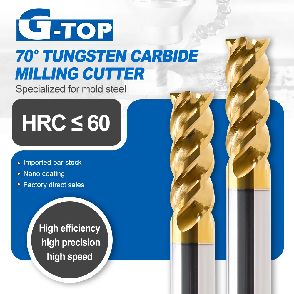 

G-TOP твердосплавные плоские концевые фрезы с ЧПУ, вольфрамовый резак, 4 канавки, инструмент для обработки металла и стали, фреза HRC60, режущие инструменты для обработки с ЧПУ