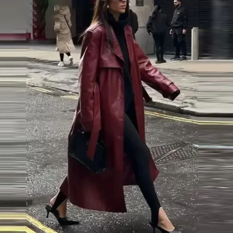 PRINTKAOIR 2024 New Launch Women's Burgundy Faux Leather Coat Retro Fashion With Belt Pockets Loose Extended Overcoat Outerwear