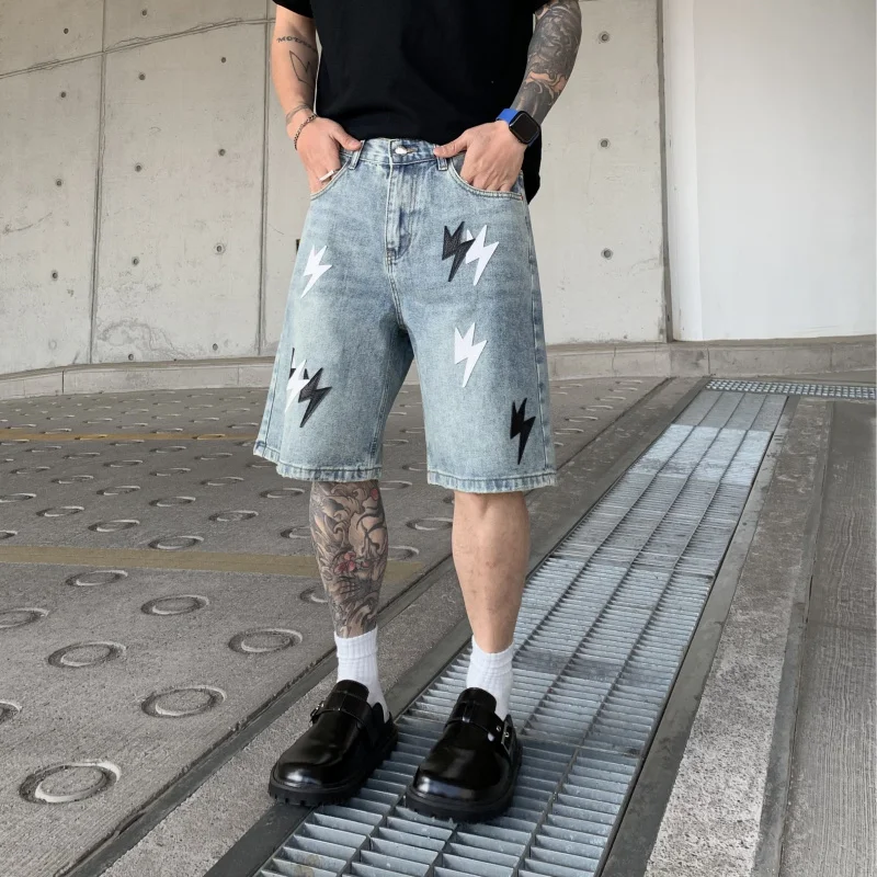 

1392 Summer new tide brand loose loose with explosion models straight washed denim shorts fried street gangster handsome