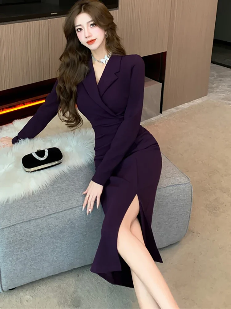 Purpled Elegant Pleated Bodycon Suit Dress for Women 2024 Korean Fashion Formal Dress Autumn Winter Chic Bespoke Occasion Dress