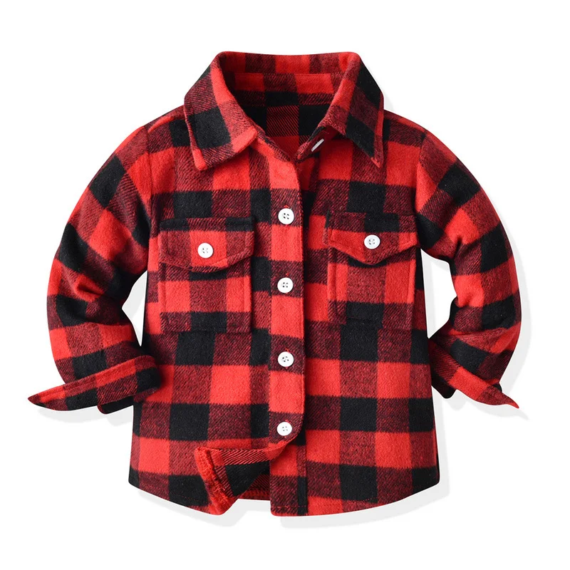 Spring Teenage Boys Girls Flannel Plaid Shirts Children Clothes Lapel Long Sleeve Tops Baby Boys Quality Cotton Blouses Cardigan