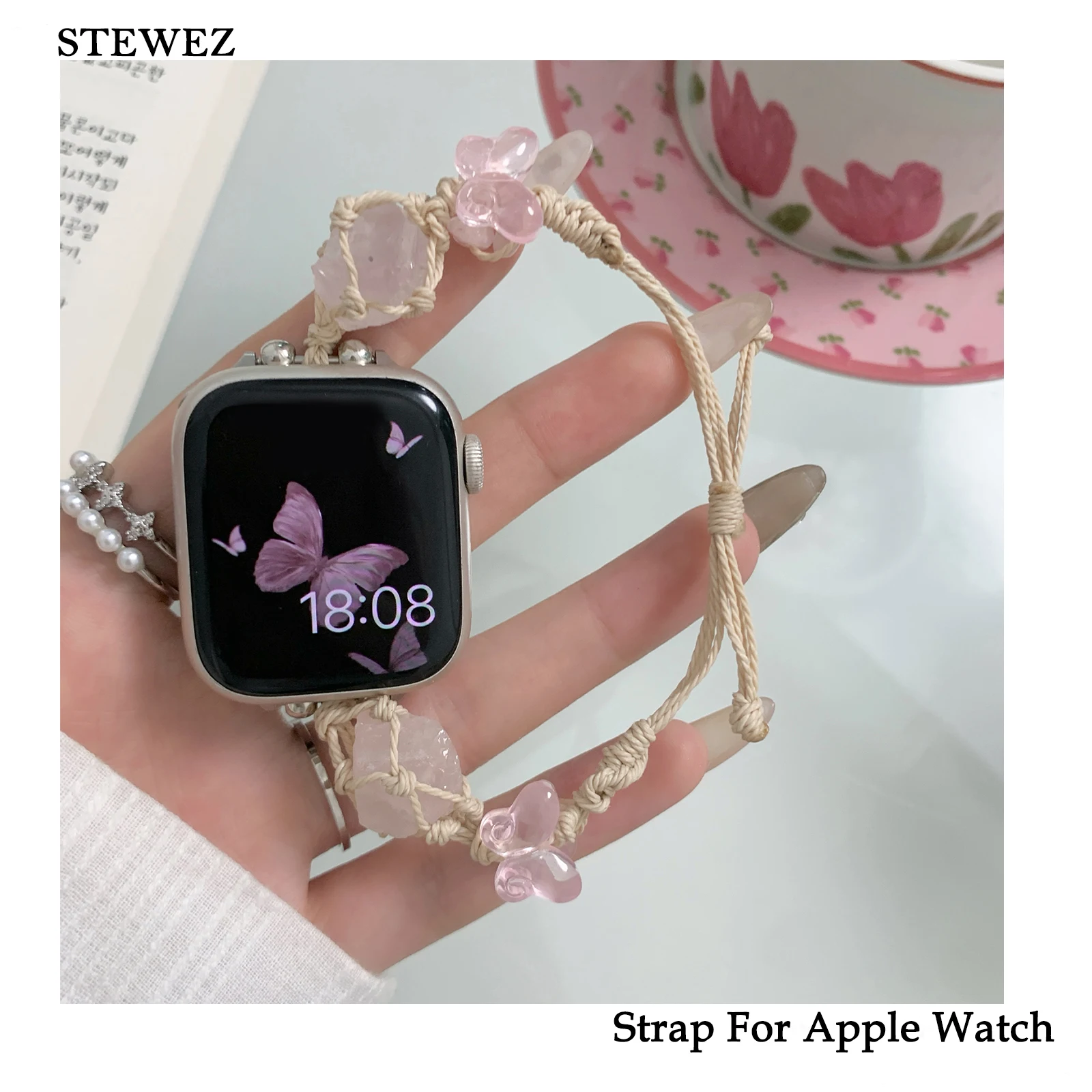 

Creative Rough Stone Strap with Apple Watch Band Handstring Extension Chain for Iwatch98765SE Ultra Girl Sweet Butterfly Wrist