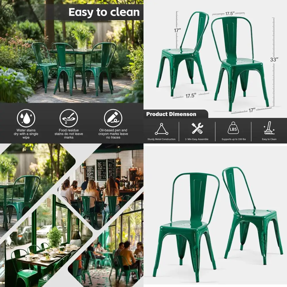 

Набор из 2 складных металлических обеденных стульев в индустриальном стиле, для использования на улице, с зеленой обивкой