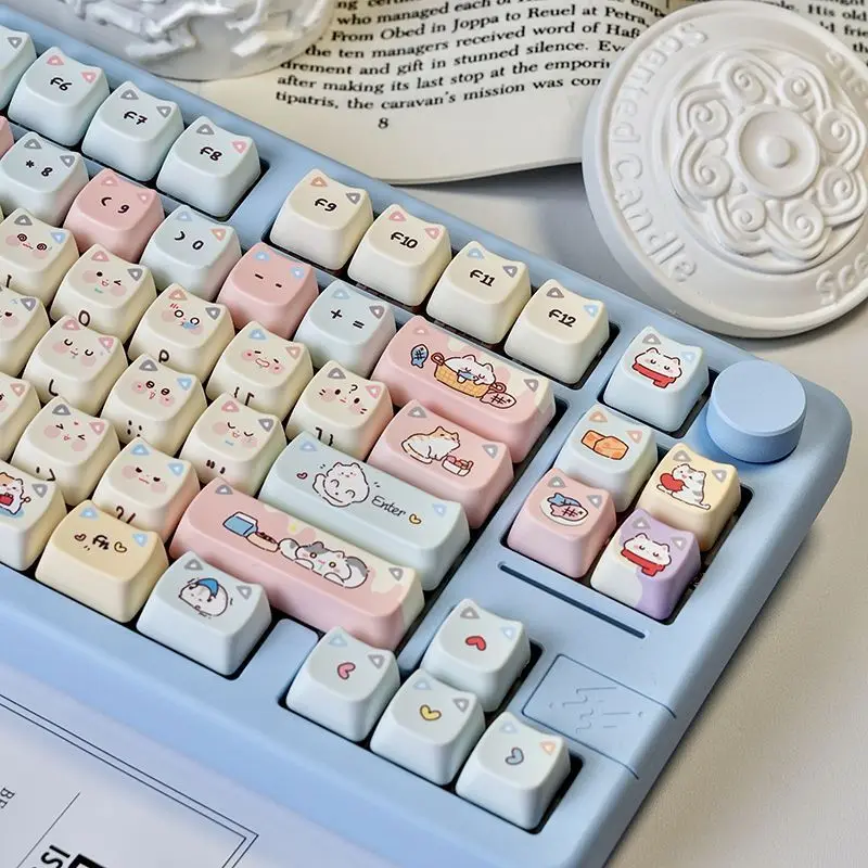 Cute Cat Keycaps 128 Keys Set PBT Dye Cute BOX Gift Keyboard Cap MAO Profile Customization Key Cap for Mechanical Keyboard