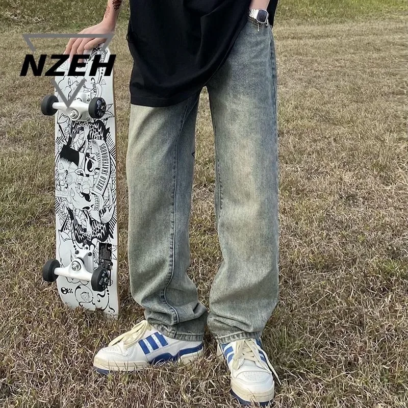 high quality American Style High Street Old Embroidered Jeans Men's Trendy Brand Street Loose Straight Long Pants
