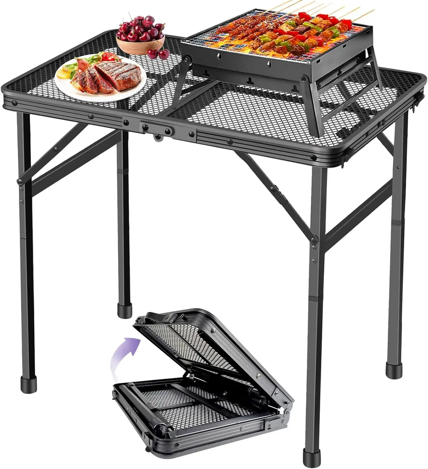 

Folding Grill Table, Adjustable Height, Portable Metal Camping Picnic Table, Black, 2x1.3FT