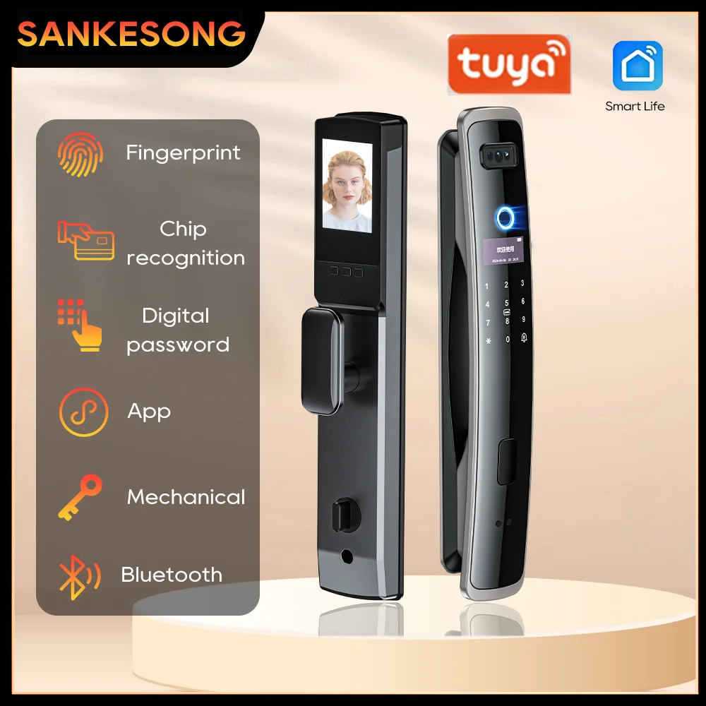 Wifi Tuya APP 3D Face Recognition Smart Door Lock Remote Control Voice Real-time Intercom Digital Electronic With Camera