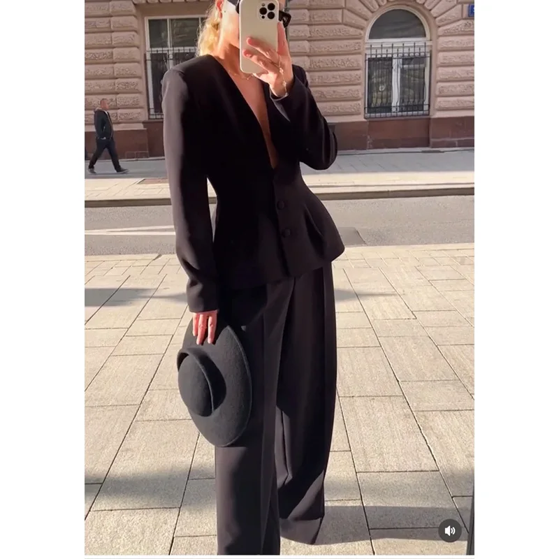 Elegant Blazer Coat Pant Sets 2 Pieces Women Deep V-neck Pants Suit Casual Trouser Suits 2024 Autumn Lady Office Outfits Elegant