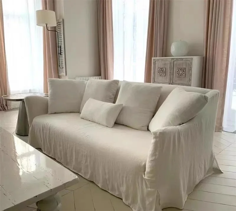 Japanese-style wabi-sabi wind B & B retro linen fully dismantled and washed three-person sofa designer bohemian hotel furniture