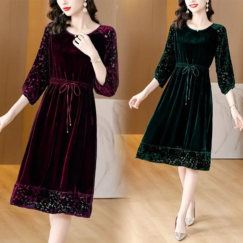 Autumn Winter Solid Velvet Hollow Out Dress Female Korean Vintage Hepburn Luxury Long Dress 2024 Elegant Bodycon Evening Dress