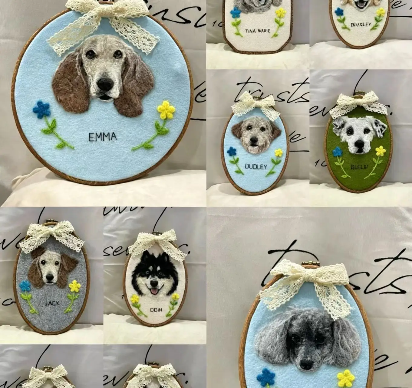Custom 3D Wool Felt Pet Portrait Hoop Dog&Cat Frame, Wedding Lover Gift