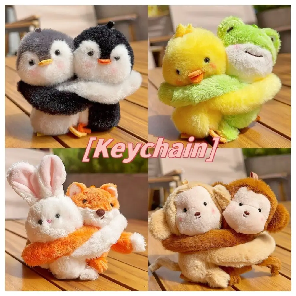 Cute Hugging Animal Doll Keychain Cartoon Soft Bag Pendant Funny Plush Friends Key Ring Couple Kids Gift