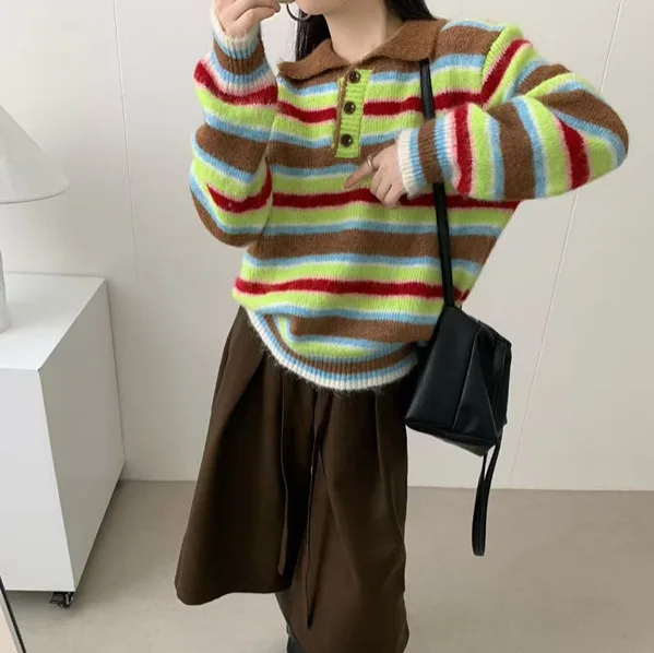 

Новинка 2023 года, осенне-зимний модный повседневный вязаный топ в полоску с лацканами для женщин, корейский элегантный базовый пуловер, свитер Pull Femme