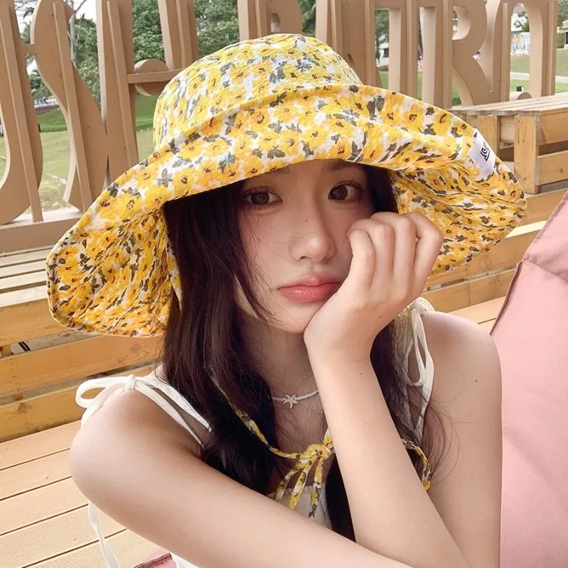 

Bohemian Summer Flowers Jacquard Large Brim Bucket Hat Ladies Outdoor Vacation Seaside Shade Windproof Lace-Up Sun Hats