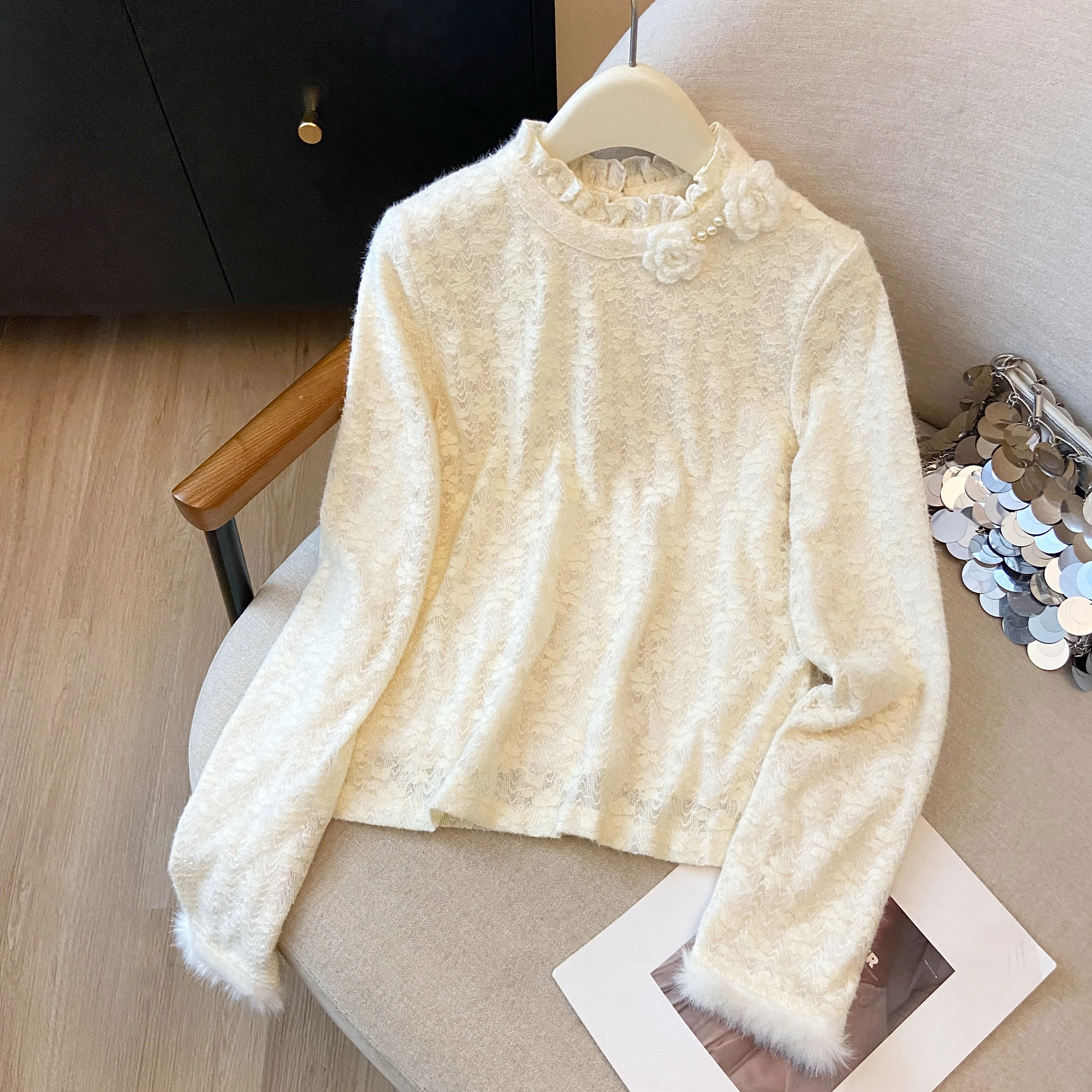 

Women's Lace Long Sleeve Base Shirt Inner Wear Half High Collar Soft Fleece Autumn Winter New Arrival Fashionable Stage Costume