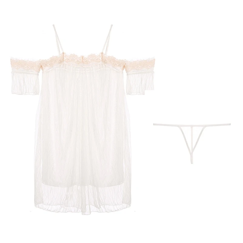 

Women Sexy Off Shoulder Nightgown Eyelash Floral Lace Patchwork Lingerie Dress Double Layer See-Through Sleepwea
