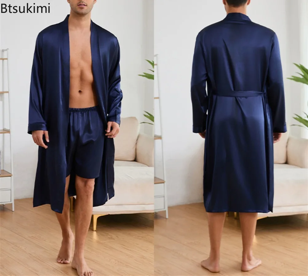 

2025 Solid Satin Pajama Sets Loose Casual Kimono Lace Up Robe and Shorts Two Piece Sets Silky Comfy Bathrobes Men Home Nightgown