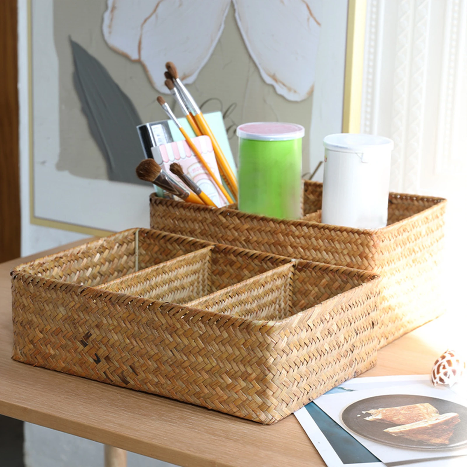 Wicker Storage Basket Picnic Basket Straw Rattan Basket Desk Organizer for Farmhouse Bedroom Countertop Living Room