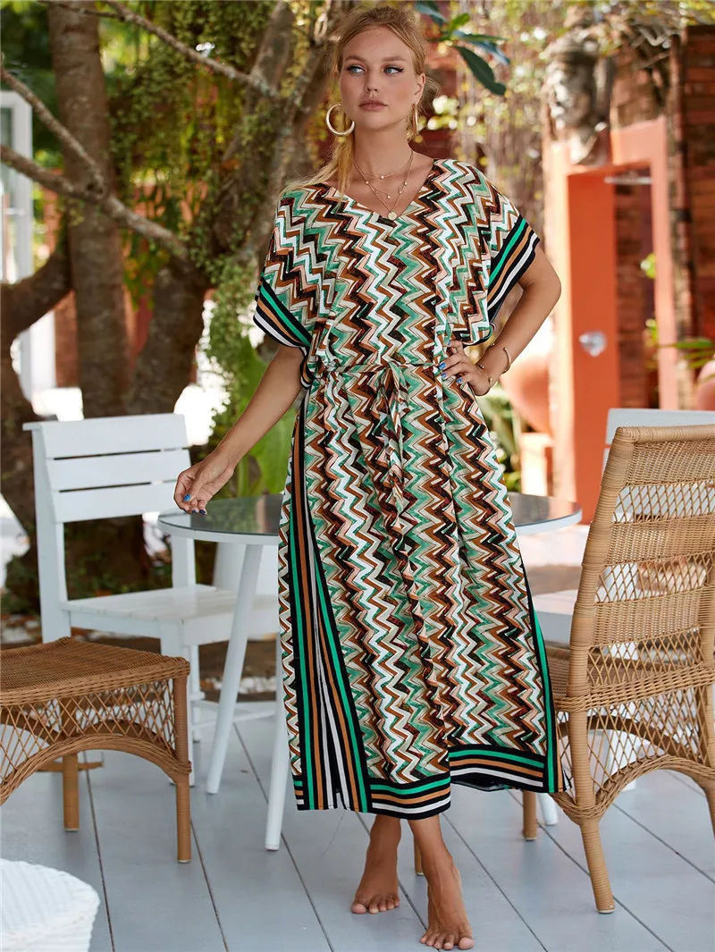 Kimono largo bohemio con estampado de ondas para mujer, Vestido de playa, traje de baño, Túnica de verano, ropa de playa