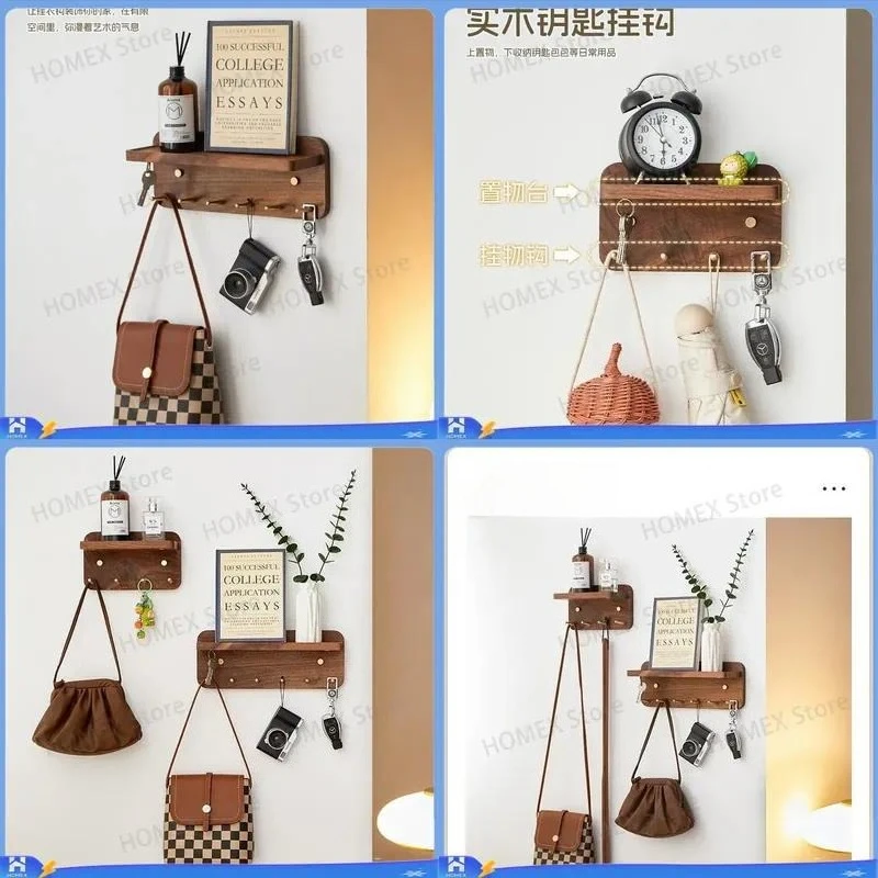 Black Walnut Key Holder Wall Mounted Brass Hook Rack Entryway Organizer Door Hanger Punch Free Storage Shelf Home Decor