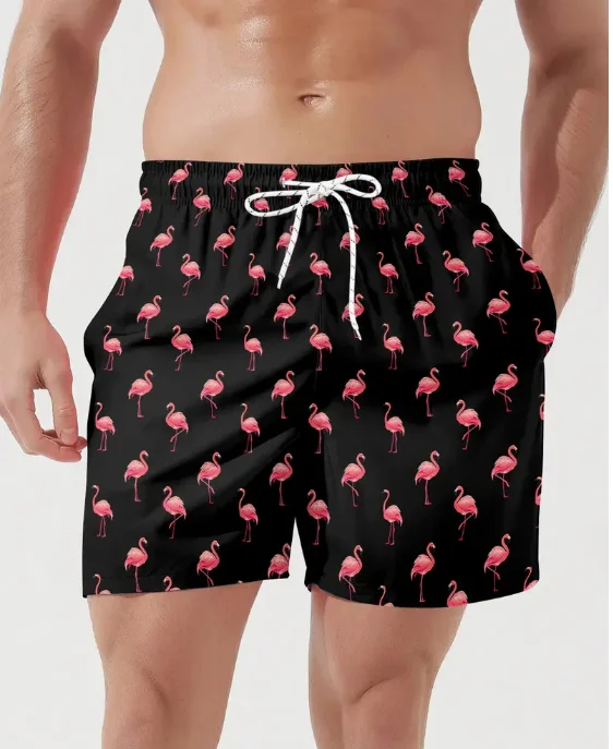 Men's Flamingo And Tropical Floral Pattern Board Shorts With Drawstring Chic And Casual Classic Style Shorts For Summer Vacation