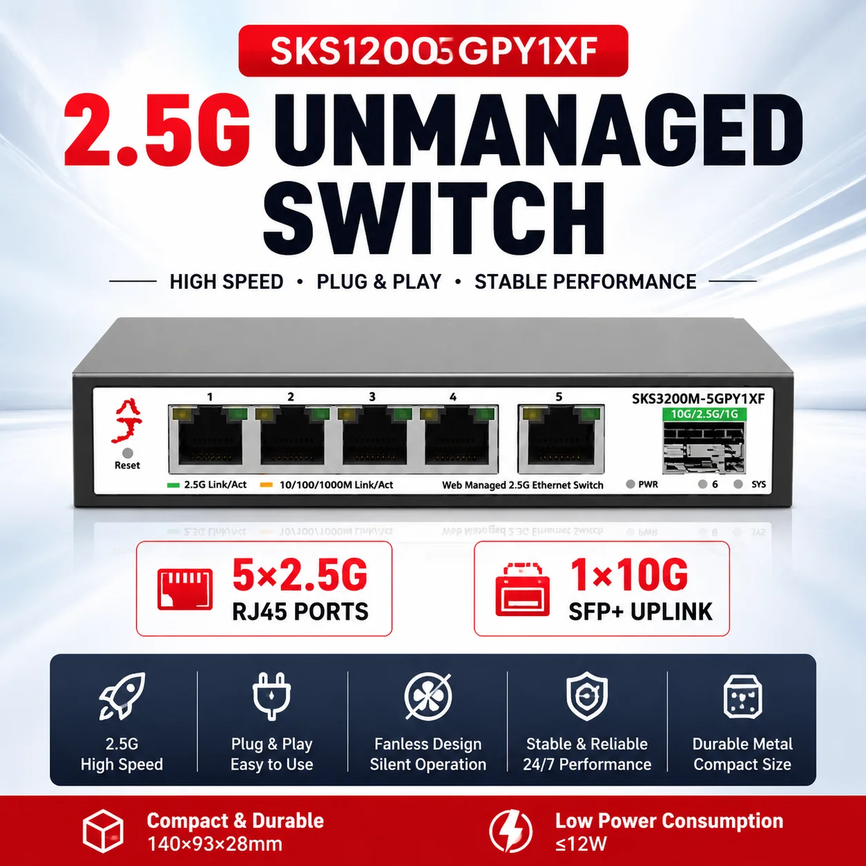 xikestor-sks1200-5gpy1xf-6-ports-25g-unmanaged-switch-5-25g-rj45-1-10g-sfp-ethernet-switch-high-speed-network-plug-and-play