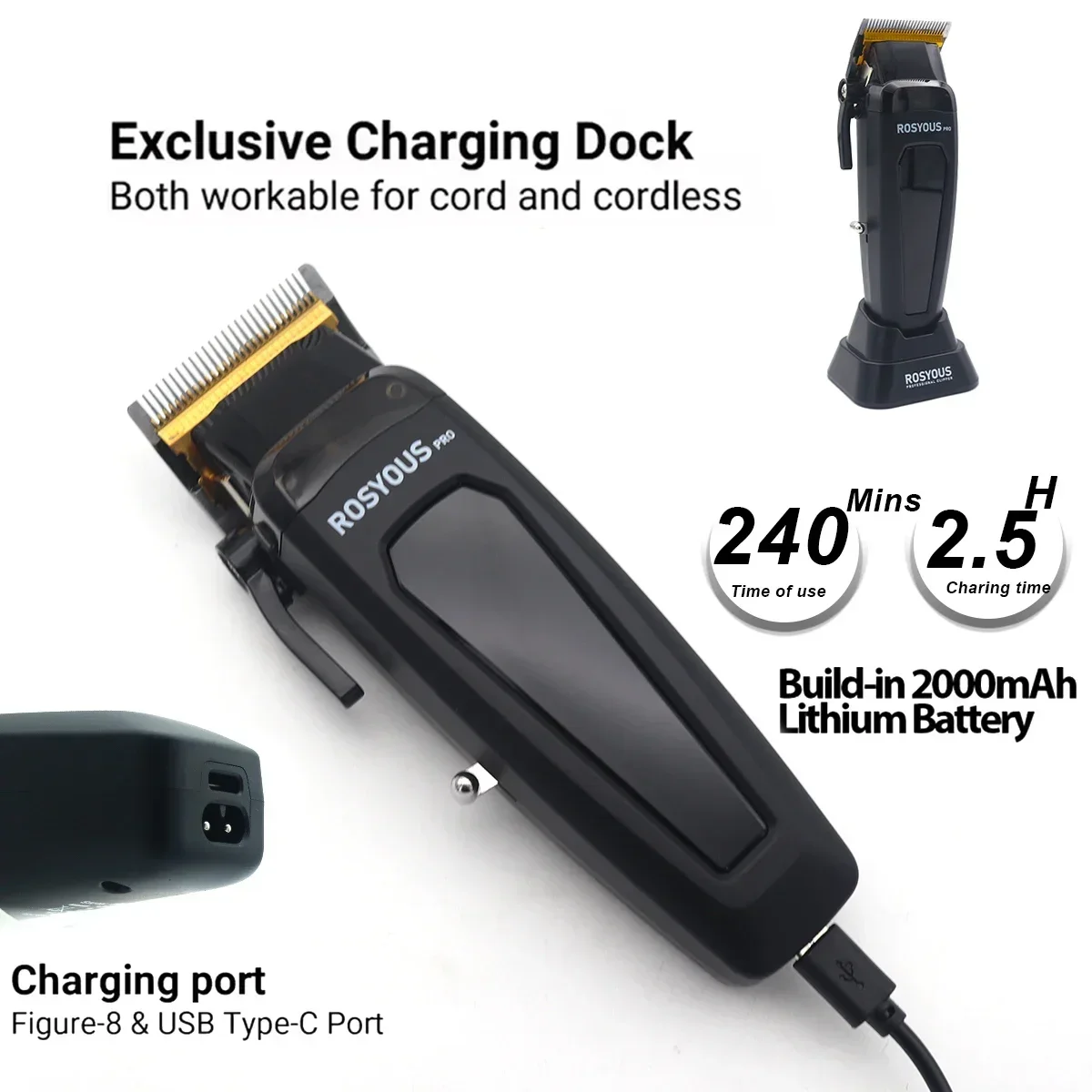 مجموعة ماكينة قص الشعر الاحترافية من ROSYOUS للرجال مع شفرة DLC 10000 دورة في الدقيقة شاحن قاعدة ماكينات قطع الحلاق RS-106 078 620