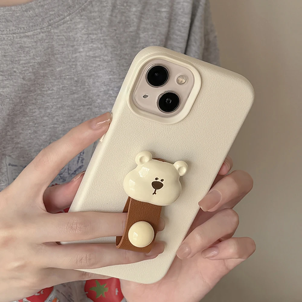 Korea Cute 3D Bear Finger Ring Support Phone Case For iPhone 15 14 13 11 12 Pro Max Plus Lovely Kawaii Leather Pattern Cover