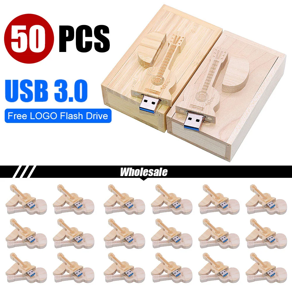 50pcs/lot USB 3.0 LOGO customized natural wooden Pendrive 8GB/16GB/32GB/64/128GB guitar shape usb flash drive memory stick gifts